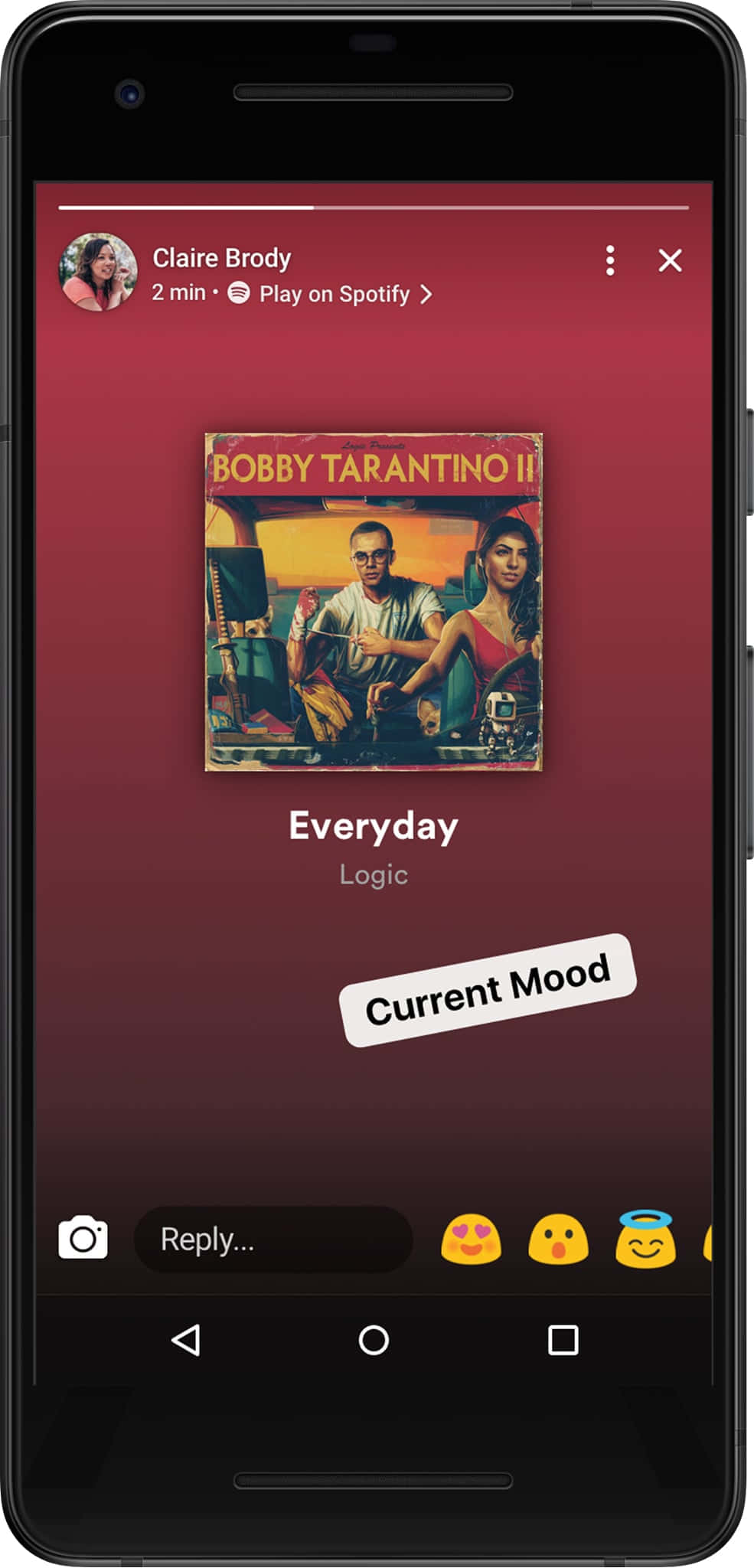 Logic《Everyday》歌曲圖片 壁紙 — 智能手機屏幕顯示 Spotify 音樂應用程式，展示 Logic 的歌曲 Everyday 及 Bobby Tarantino II 專輯封面。