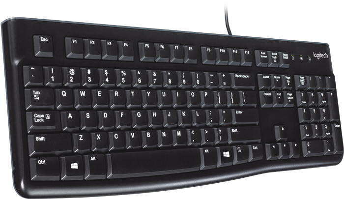 黑色Logitech鍵盤（透明背景） 壁紙 — 一個時尚的黑色Logitech鍵盤，傾斜放置在純白色背景上，可見電纜和按鍵標示。