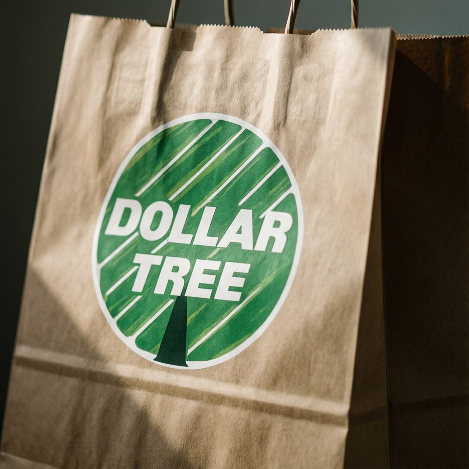 Logo Close-Up 壁紙 — 一個棕色紙袋，上面有綠色圓形Dollar Tree標誌，帶有白色文字和斜條紋，放在柔和陽光下。