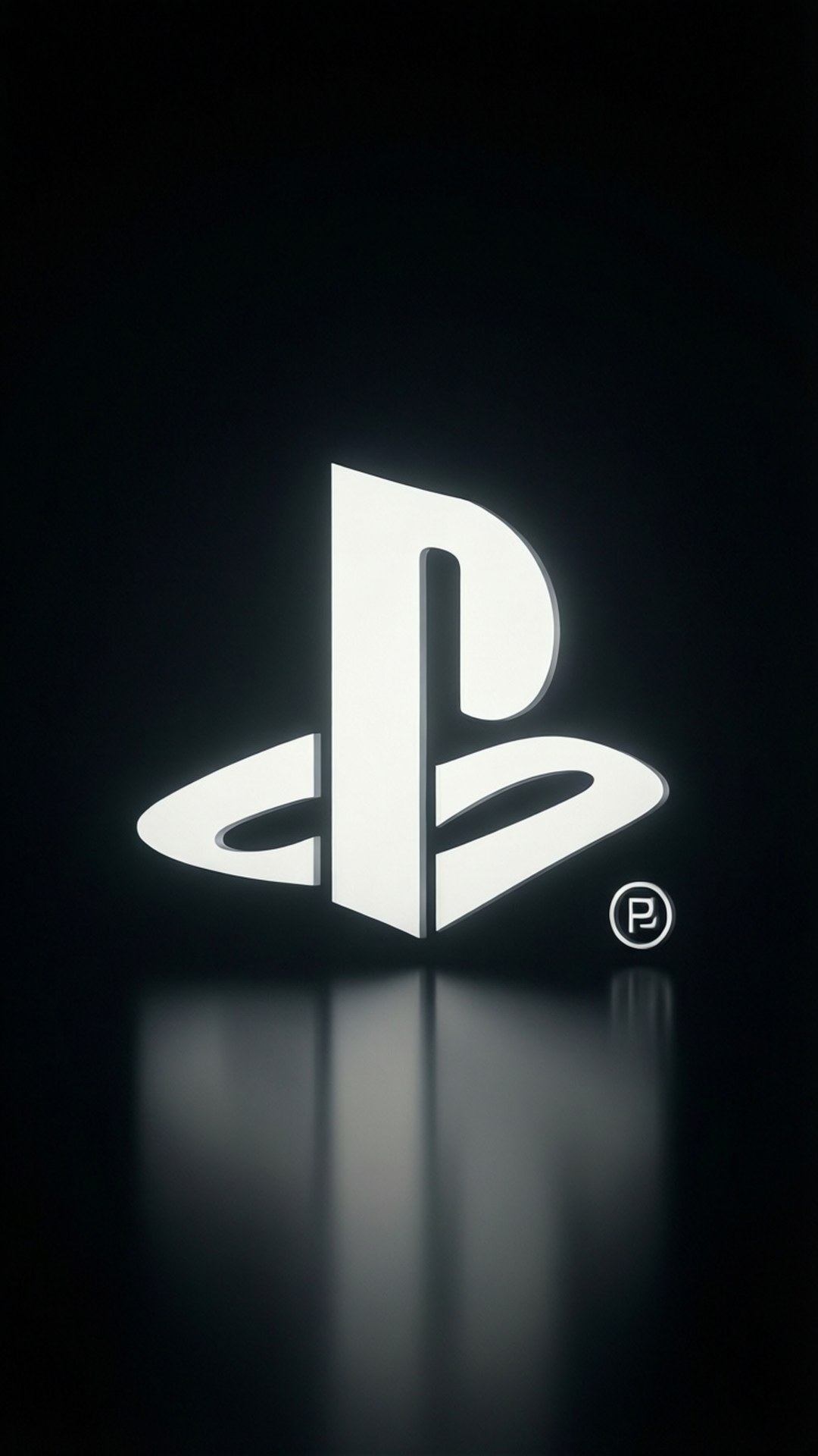 發光白色PlayStation標誌在反光黑色表面上