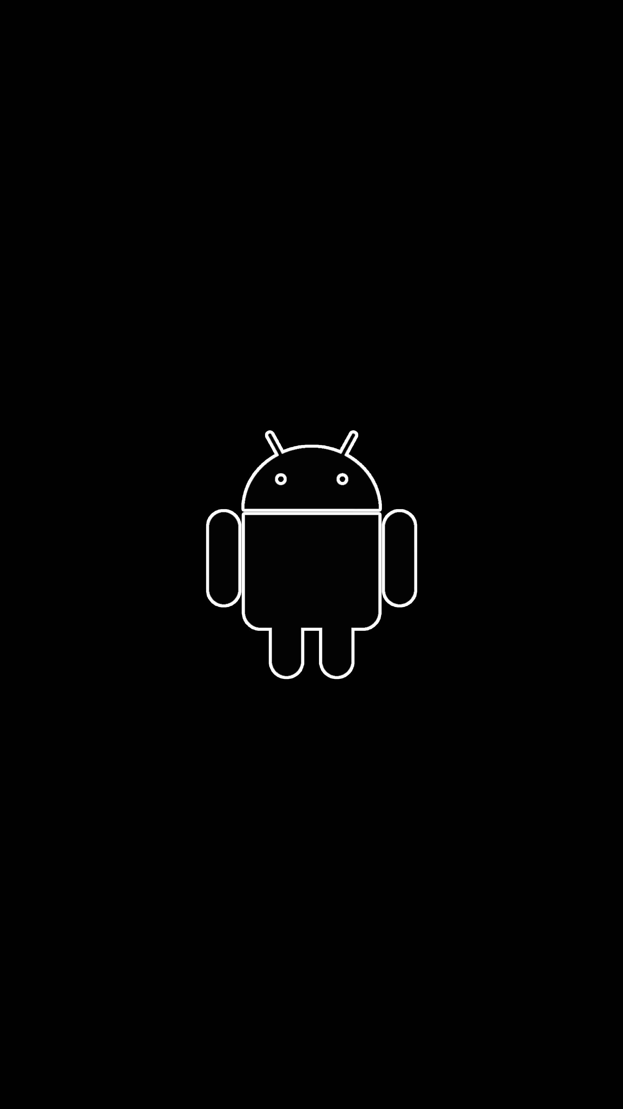 白色 Logo 安卓手機壁紙 壁紙 — 一個極簡風格的白色線條繪畫，Android 機械人圖示居中於純黑色背景上。