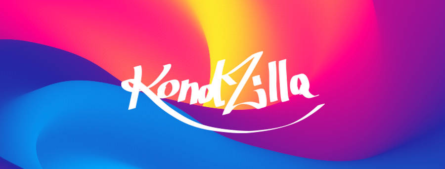帶有Logo的Canal Kondzilla YouTube橫幅 壁紙 — 充滿活力的粉紅、黃色和藍色漸變波浪在白色風格化文字 KondZilla 後方流動。