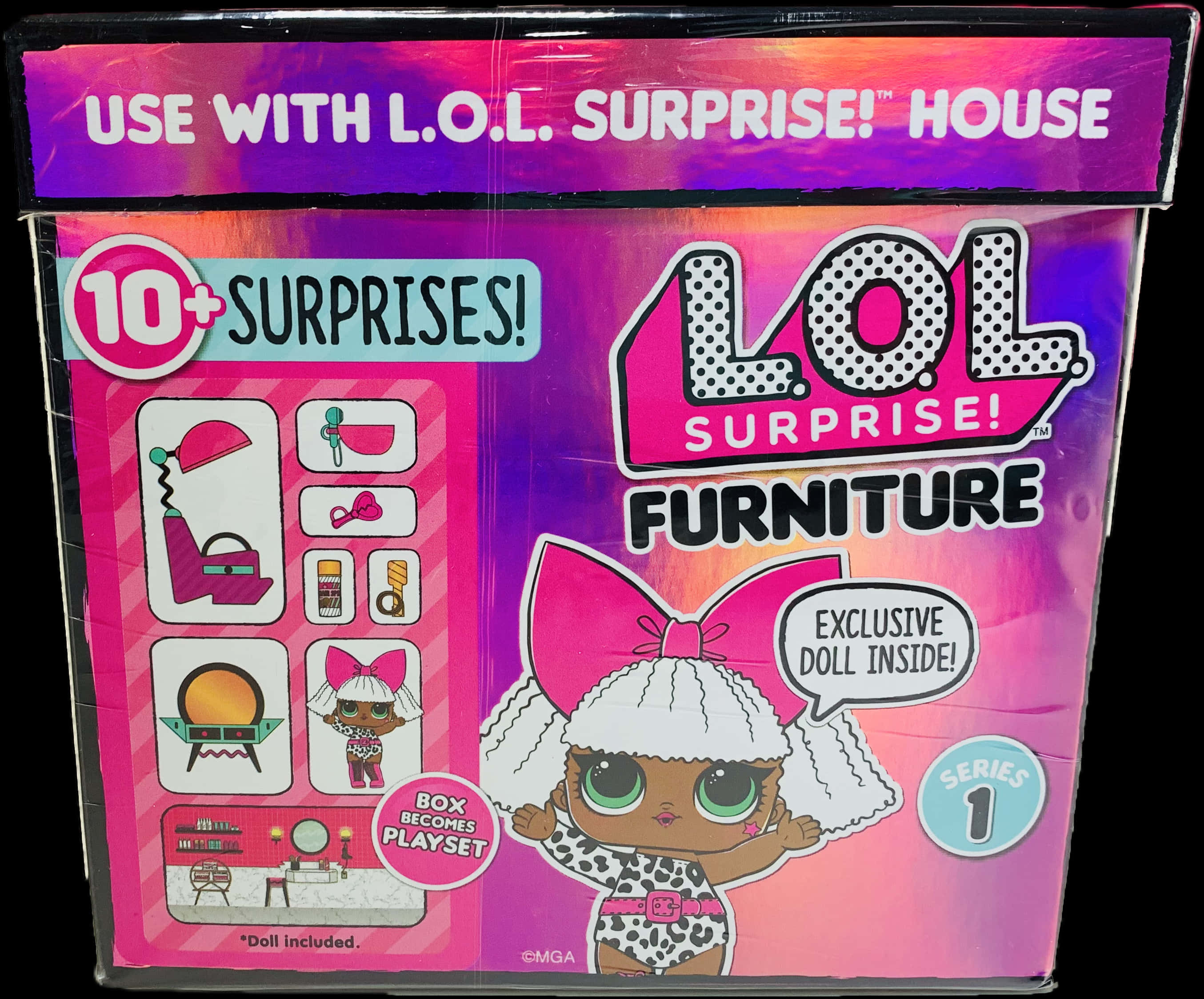 LOL Surprise 家具系列1 壁紙 — 一個充滿活力的粉紅色和紫色L.O.L. Surprise! 家具玩具箱，附有一個戴著巨大蝴蝶結的娃娃和包含的驚喜圖標。