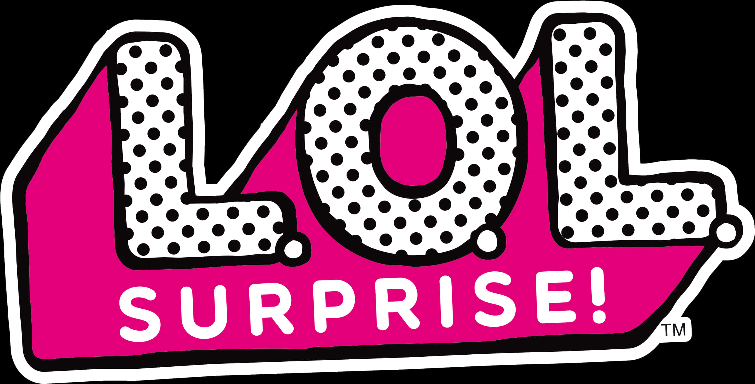 LOL Surprise 標誌 壁紙 — 大膽的粉紅和白色「LOL SURPRISE!」標誌，帶有黑色圓點，背景為黑色。