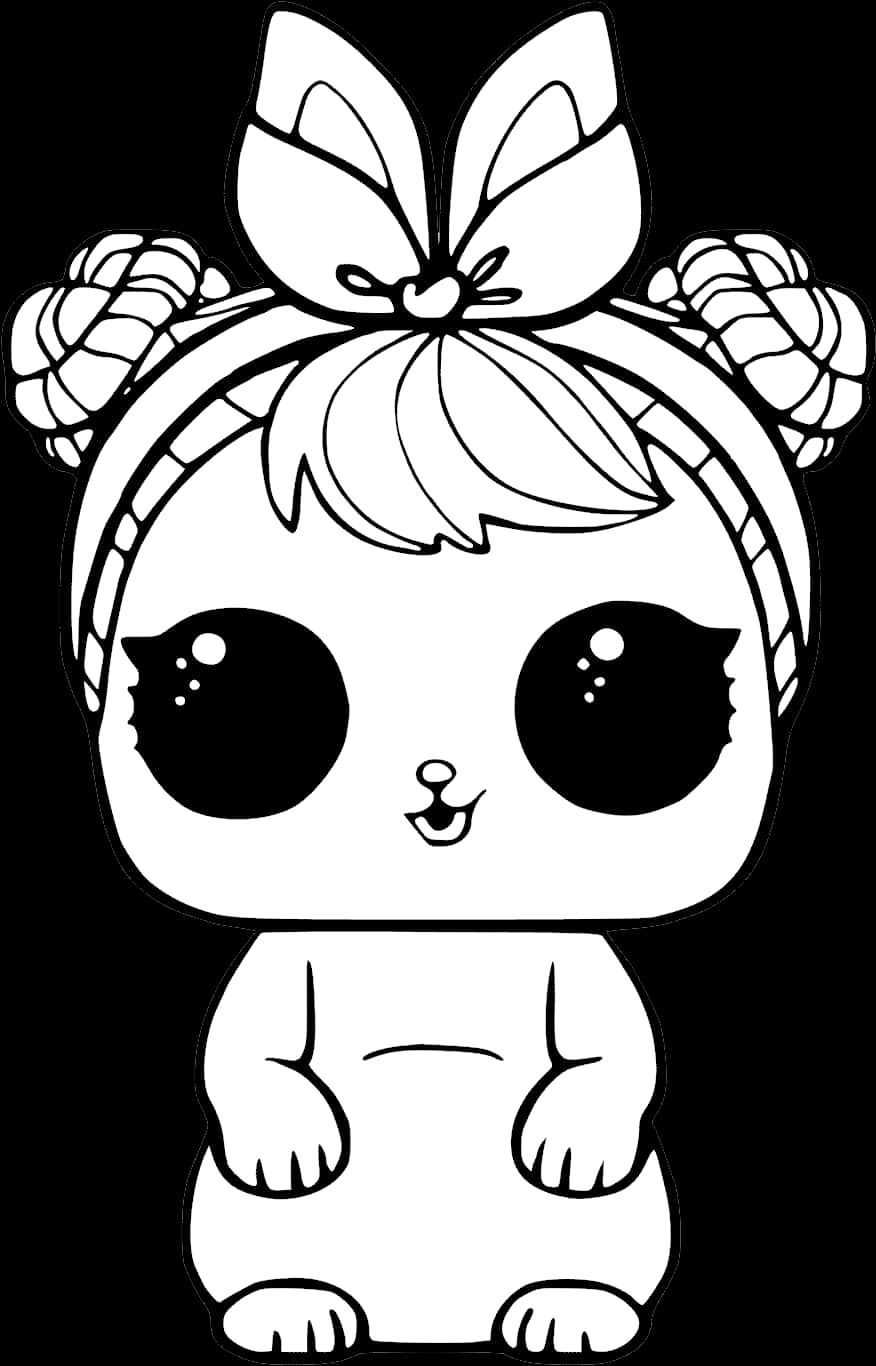 LOL Surprise娃娃線稿 壁紙 — 一隻可愛的黑白卡通兔子，有大眼睛、辮子和頭上的蝴蝶結。