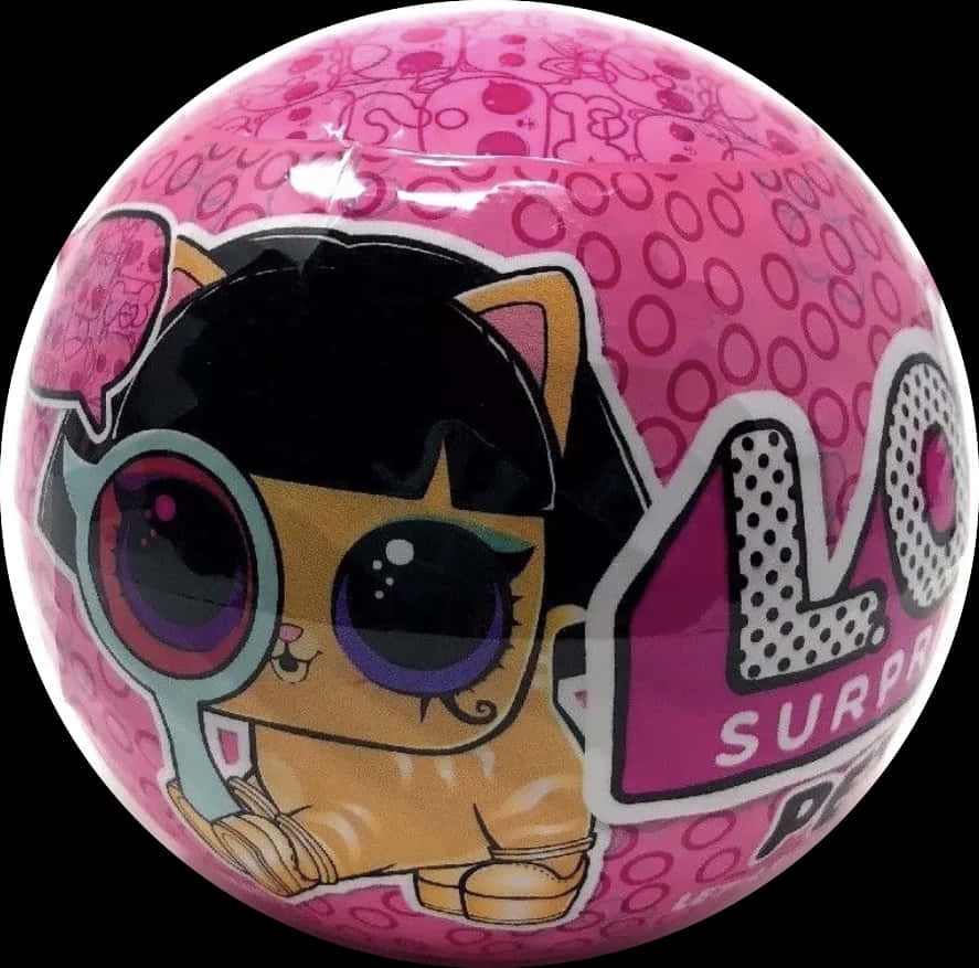 LOL Surprise 玩偶包裝 壁紙 — 一個光面粉紅色LOL Surprise玩具波，上面有卡通貓咪，大眼睛和鮮明標誌，背景為黑色。