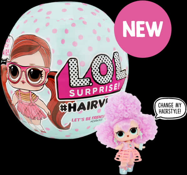 LOL Surprise Hairvibes娃娃包裝 壁紙 — 一個粉紅色圓點LOL Surprise!玩具球，內有一個擁有巨大蓬鬆粉紅色爆炸頭和超大眼鏡的娃娃。