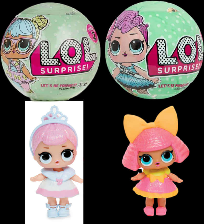 LOL Surprise娃娃包裝與人偶 壁紙 — 兩個LOL Surprise! 玩具球和兩個已揭曉的娃娃，擁有閃亮粉紅色頭髮和大藍色眼睛。