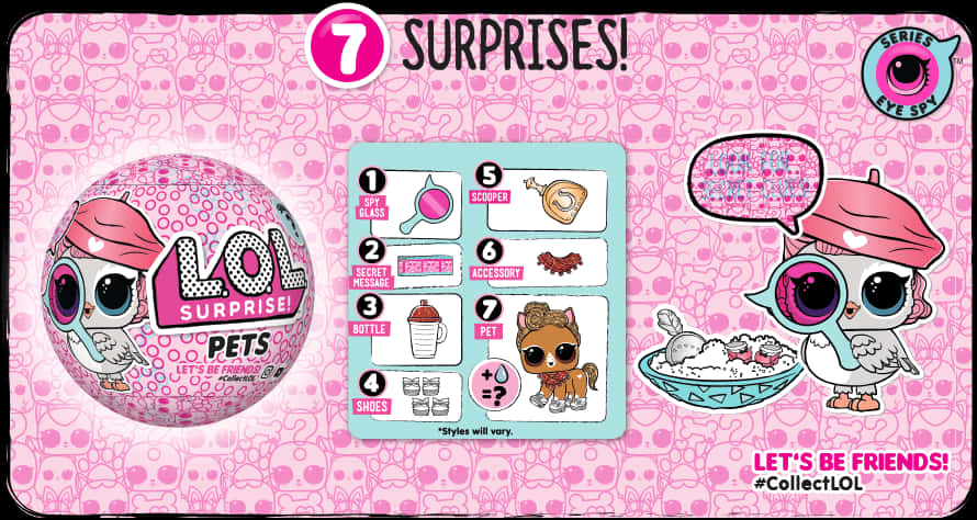 LOL Surprise Pets 開箱廣告 壁紙 — 粉紅色LOL Surprise Pets玩具盒，在圖案背景上展示七件驚喜物品，包括寵物娃娃和配件。