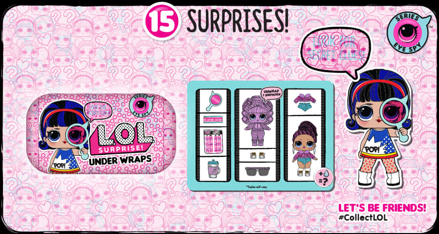 LOL Surprise Under Wraps 包裝設計 壁紙 — 一個充滿活力的粉紅色LOL驚喜！玩具盒，裡面有一個大眼睛的娃娃和15件驚喜物品，包括配飾和服裝。