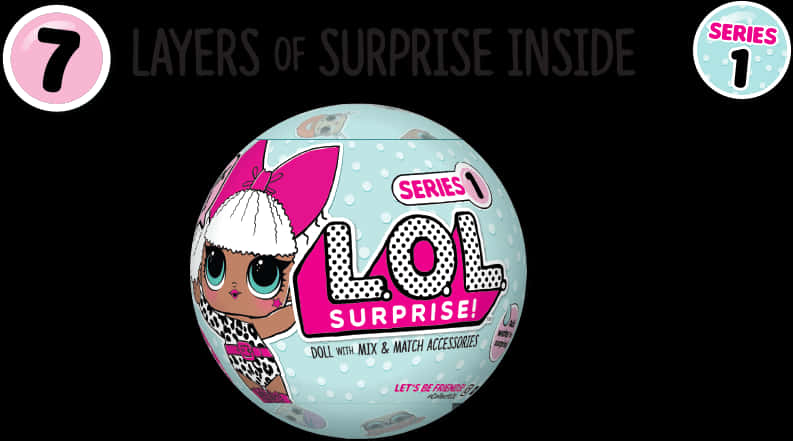 LOL Surprise 系列1 包裝設計 壁紙 — 一個粉紅色和白色的LOL Surprise!系列1玩具球，帶有卡通娃娃臉和黑色背景上的文字。