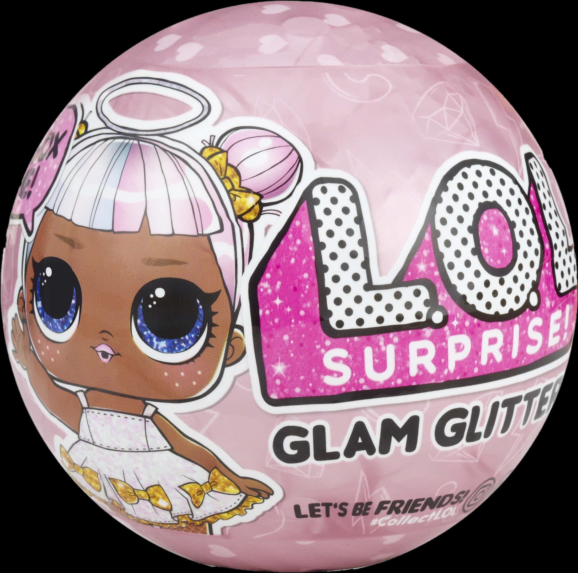 LOL Surprise 華麗閃粉球包裝 壁紙 — 一個粉紅色閃亮的LOL Surprise Glam Glitter球，上面有一個卡通娃娃，有大大的藍色眼睛和天使翅膀。