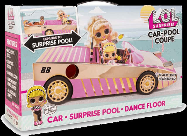 LOL Surprise 車隊轎車包裝 壁紙 — 粉紅色和金色的LOL Surprise! Car-Pool Coupe玩具，裡面有公仔，可變身成附有舞池的驚喜泳池。