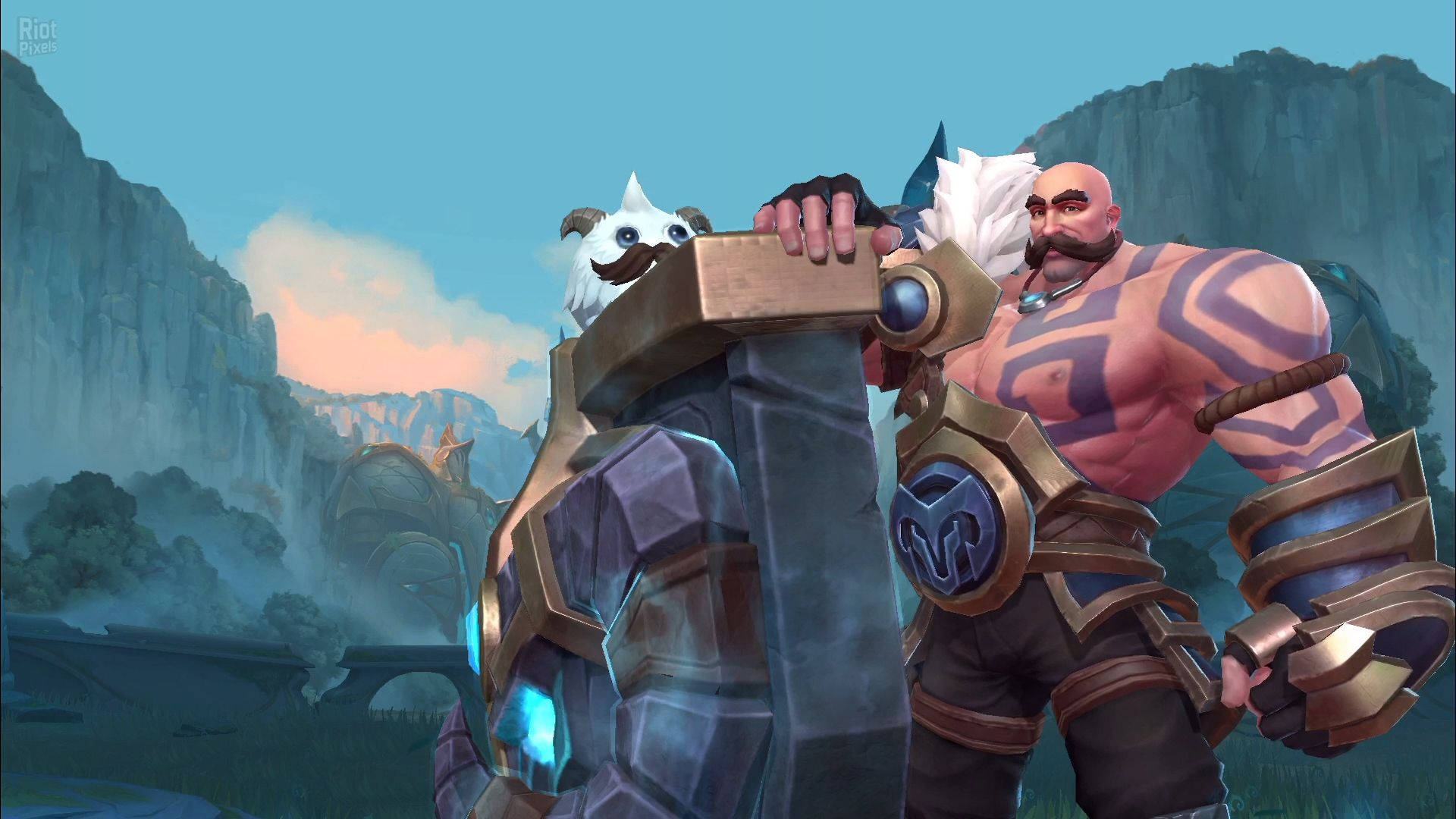 LoL Wild Rift 布勞姆與盾牌 壁紙 — 一個肌肉發達、光頭、留鬍子、有部落紋身的戰士，在霧氣瀰漫的山谷中，一隻小白狐旁邊握著一把發光的藍色劍。