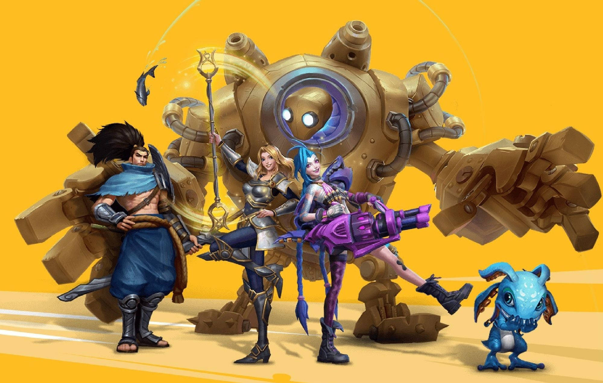 LoL Wild Rift 角色集 壁紙 — 四個奇幻角色和一個藍色生物站在一個巨大的機械首領面前，背景是鮮豔的黃色。