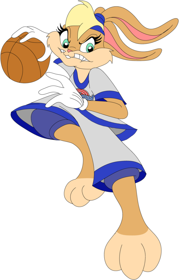 Lola Bunny籃球姿勢Space Jam 壁紙 — 一隻穿著藍灰色籃球服的卡通兔子，在黑色背景下帶著兇猛的決心運球。