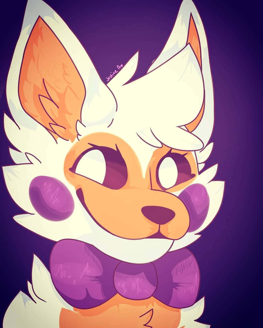 Lolbit，FNaF Sister Location角色的快照 壁紙 — 一隻可愛的動漫風格狐狸，有白色和橙色的毛髮及紫色臉頰，在深紫色背景上溫暖地微笑。