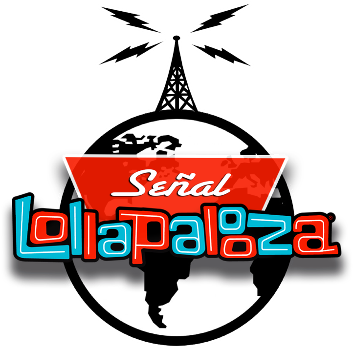 Lollapalooza音樂節標誌 壁紙 — Lollapalooza 大膽的圖形標誌，以帶有閃電的無線電塔覆蓋在地球輪廓上，並配有鮮豔的紅藍文字。