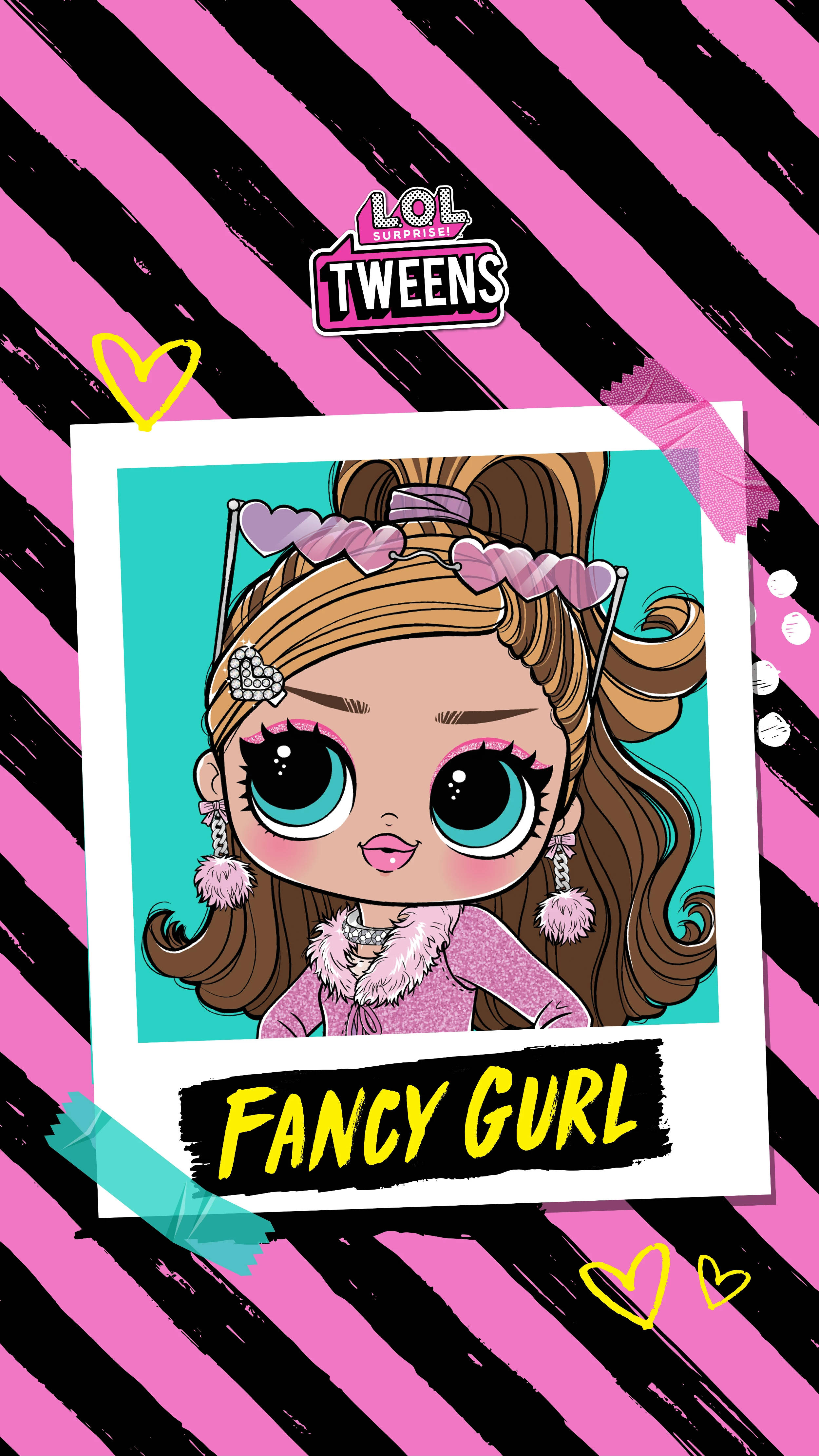 LOL娃娃Fancy Gurl肖像 壁紙 — 一個充滿活力的卡通娃娃，有著超大的藍色眼睛和粉紅色心形飾物，在一個大膽的粉紅和黑色條紋背景的寶麗來框架中擺姿勢。