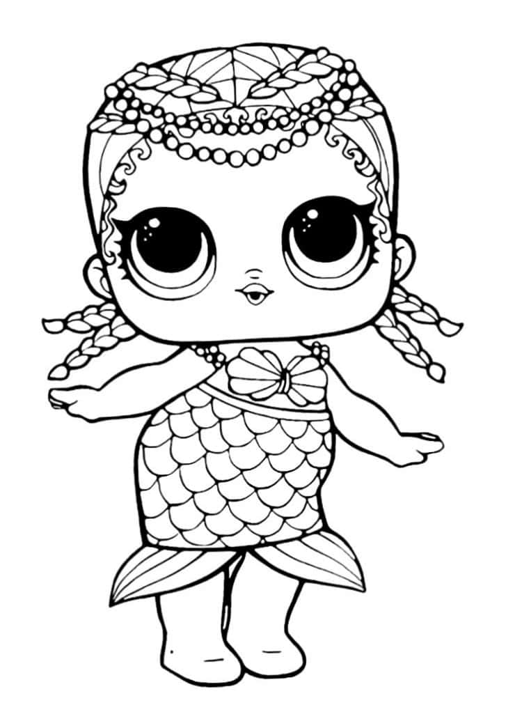 LOL娃娃鮮豔多彩插畫圖 壁紙 — 一款以美人魚造型的LOL Surprise公仔黑白線條畫，擁有辮子頭髮和鱗片圖案尾巴。