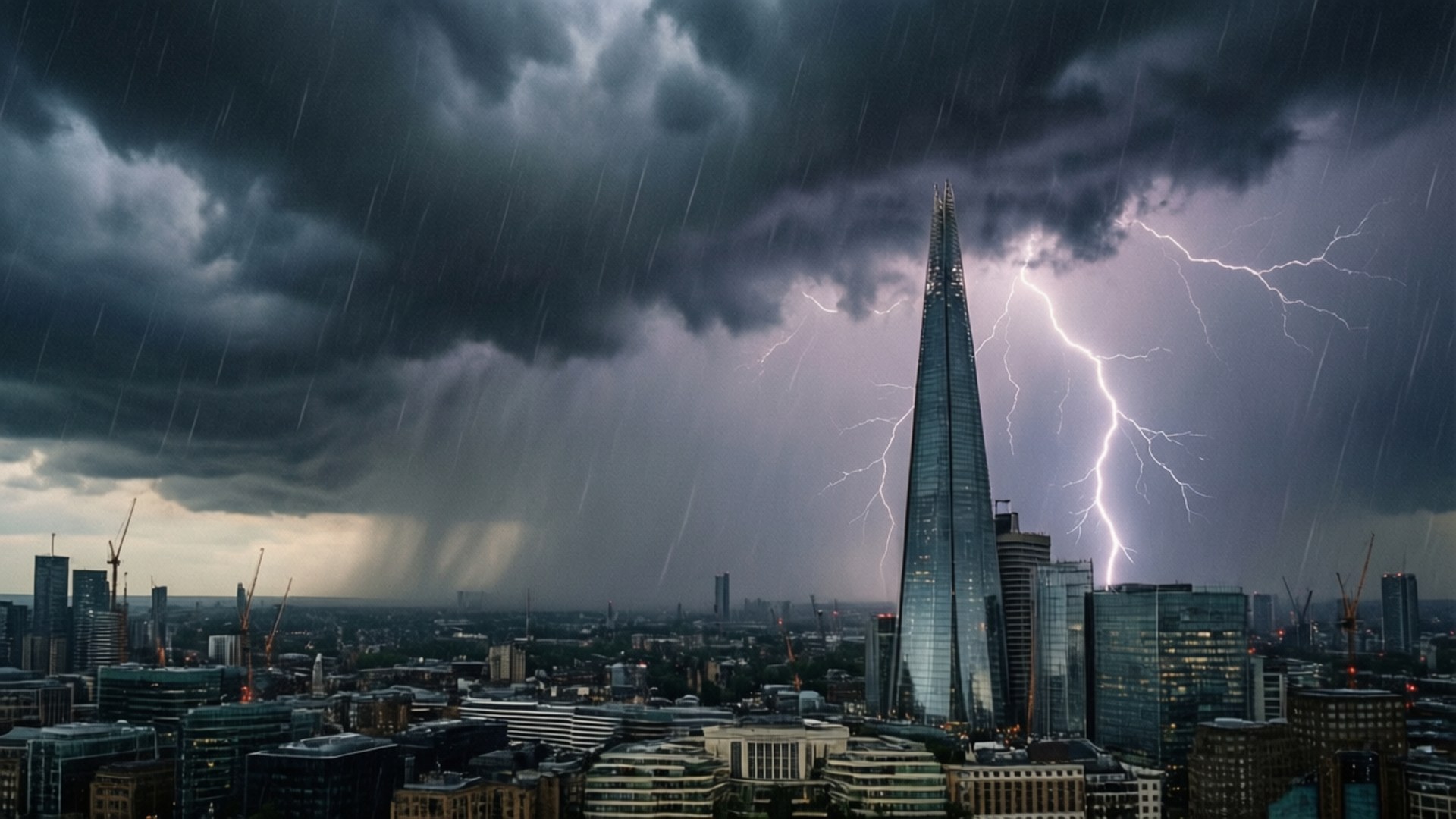 一座現代摩天大樓在城市暴雨中被閃電照亮。