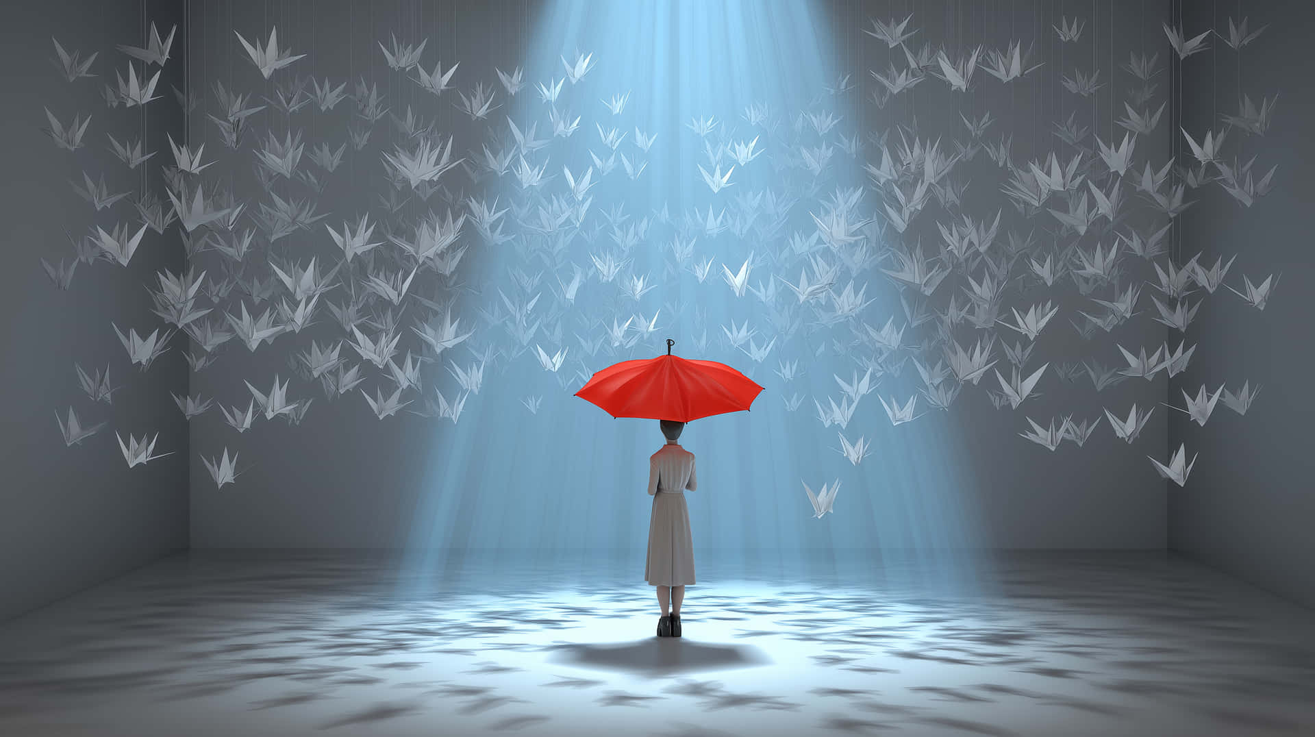 聚光燈下持紅色雨傘的人，周圍有白色紙鶴，灰色房間