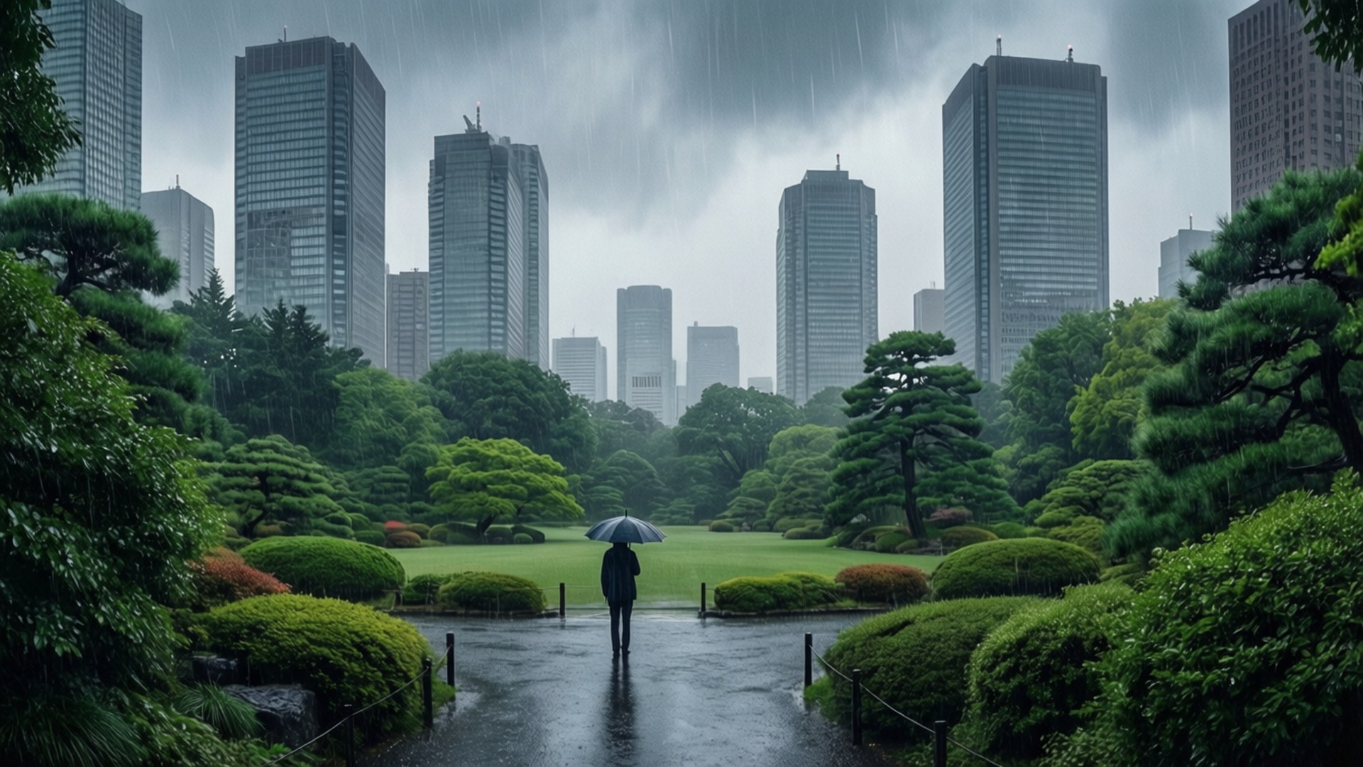 The Garden Of Words 桌布 壁紙 — 一個孤獨的身影撐著雨傘，在灰濛濛的天空下，穿過綠意盎然的公園，雨水落在高聳的城市摩天大樓背景下。