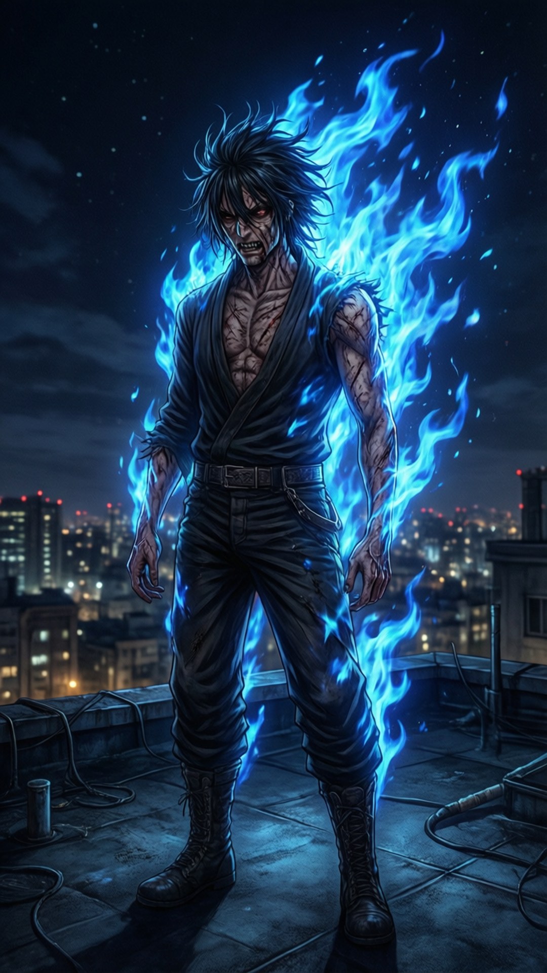 一個肌肉發達的動漫男人，周圍有藍色火焰，在夜晚站在城市屋頂上。