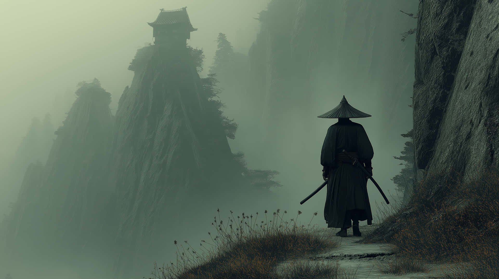 武士戴圓錐形帽子在霧氣山路上走向寺廟