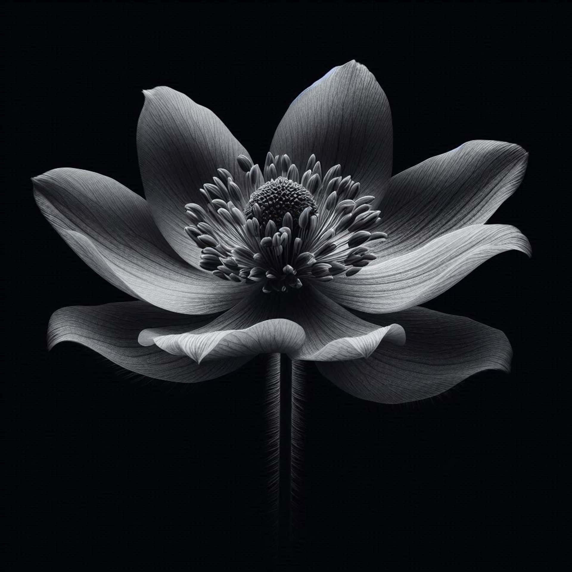 一朵黑白銀蓮花，花瓣和花心細節清晰，襯托在深色背景上。