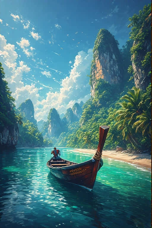 一艘木製長尾船漂浮在碧綠色的海水中，靠近熱帶海灘，有叢林懸崖和棕櫚樹，在陽光明媚的天空下。