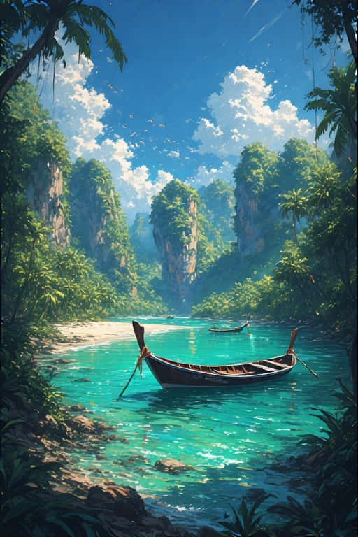 一艘木船漂浮在清澈碧綠的海水中，靠近叢林環繞的海岸，有高聳的懸崖和棕櫚樹，上方是明亮的藍天。