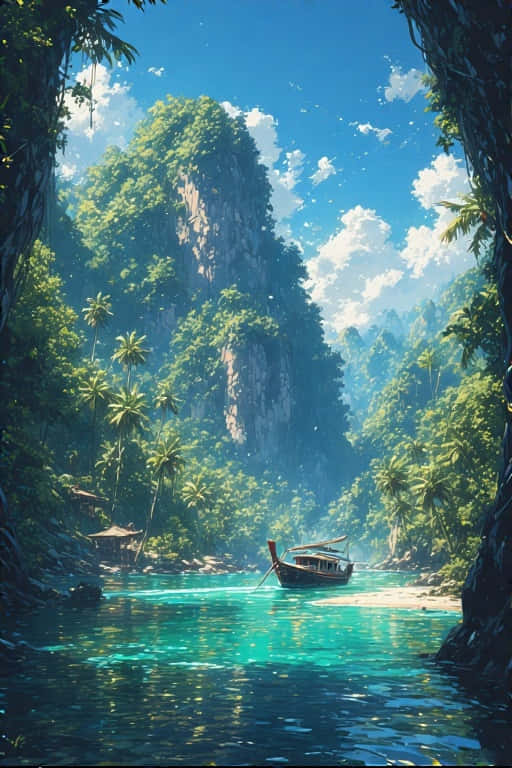 一艘長尾船停泊在碧綠色的河流中，周圍是叢林和懸崖，上方是晴朗的天空。