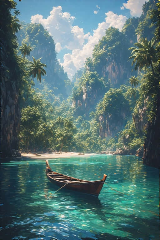 一艘木船停泊在平靜的碧綠海水中，位於一個熱帶海灣，周圍是茂密的綠色懸崖和棕櫚樹。