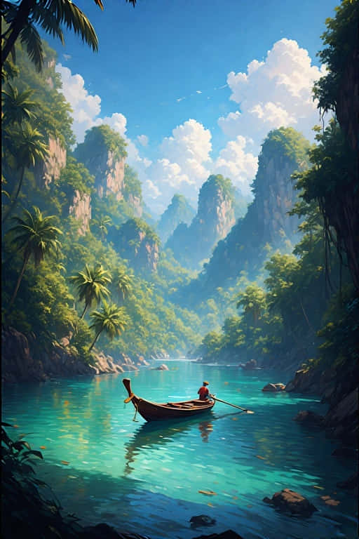 一位漁夫划著船穿過碧綠色的海水，周圍是茂密的叢林和高聳的懸崖，上方是明亮的藍天。
