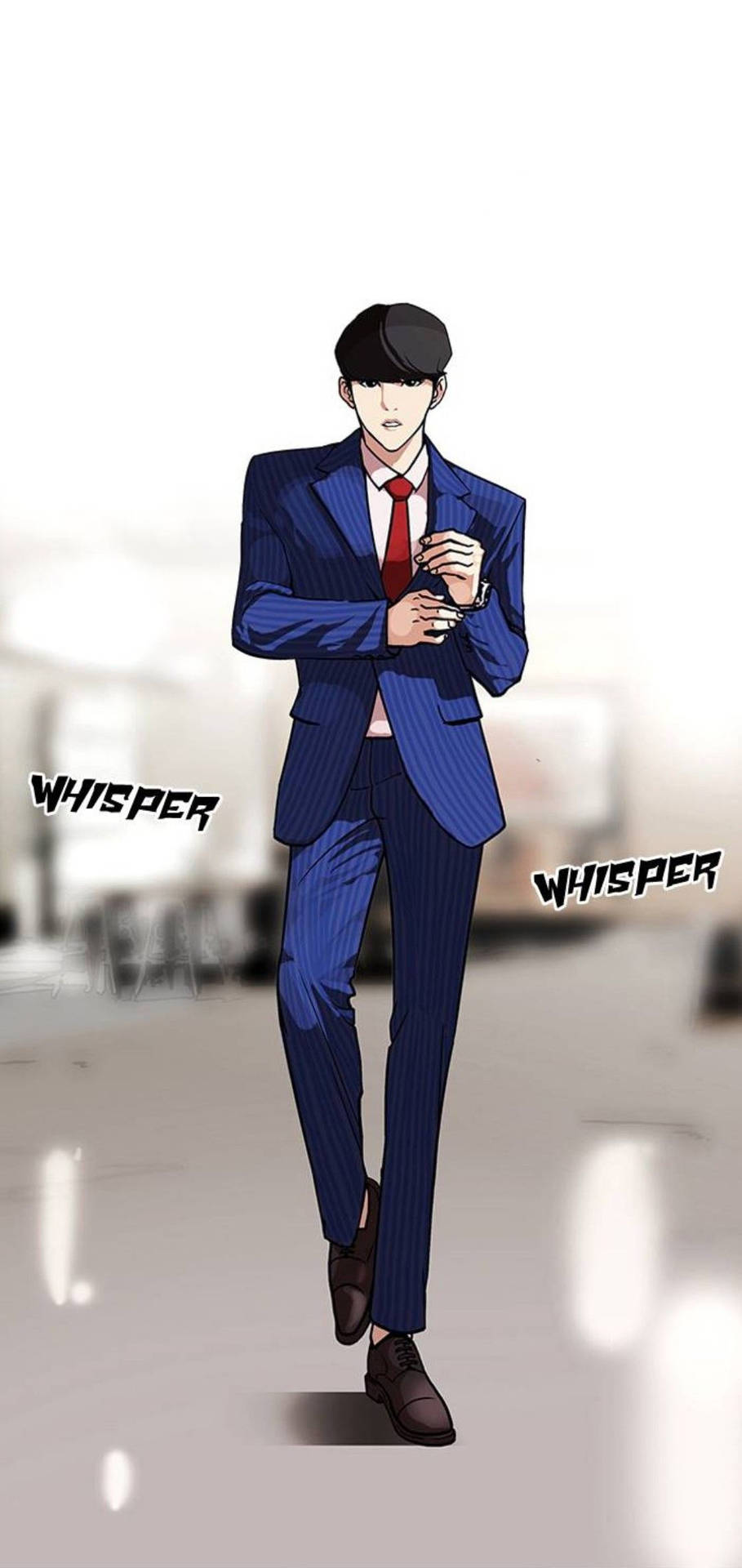 一位穿著藍色西裝的男士拿著咖啡杯行走，附近有「whisper」文字漂浮。