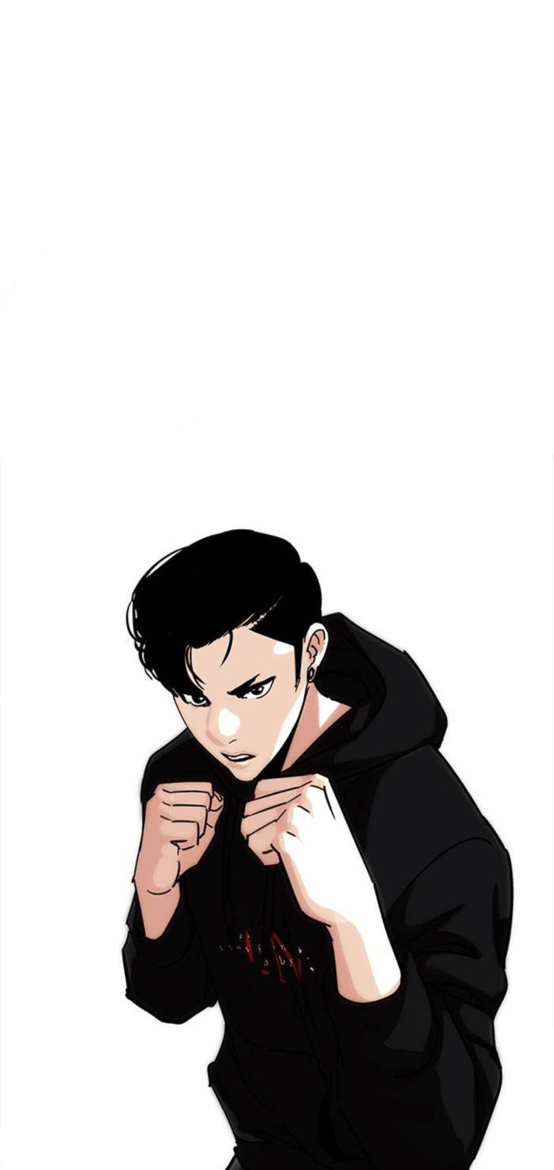 Lookism Zack 緊握拳頭 壁紙 — 一個風格化的動漫角色穿著黑色連帽衫，在純白背景下擺出戰鬥姿勢。