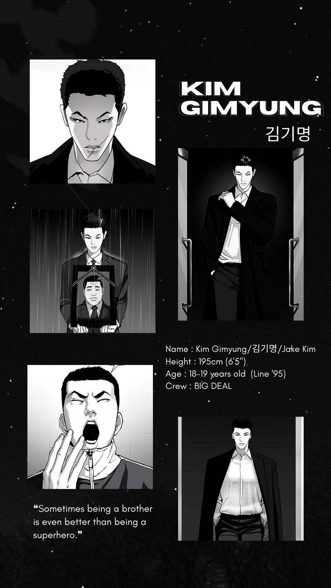 金基明（Kim Gimyung）的黑白動畫角色資料表，包含多個姿勢和文字細節。