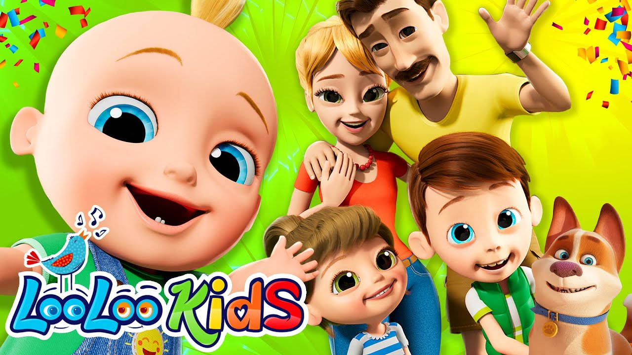 Looloo Kids全家福 壁紙 — 一個充滿活力的卡通家庭帶著一隻小狗，在明亮的綠色背景上與五彩紙屑一起快樂地微笑。