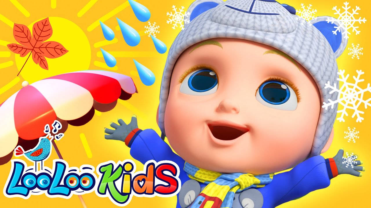 Looloo Kids四季 壁紙 — 一個穿著冬季服裝的快樂卡通嬰兒，在明亮的黃色背景上，伴隨著雪花、雨滴和一片紅葉，開心地微笑。