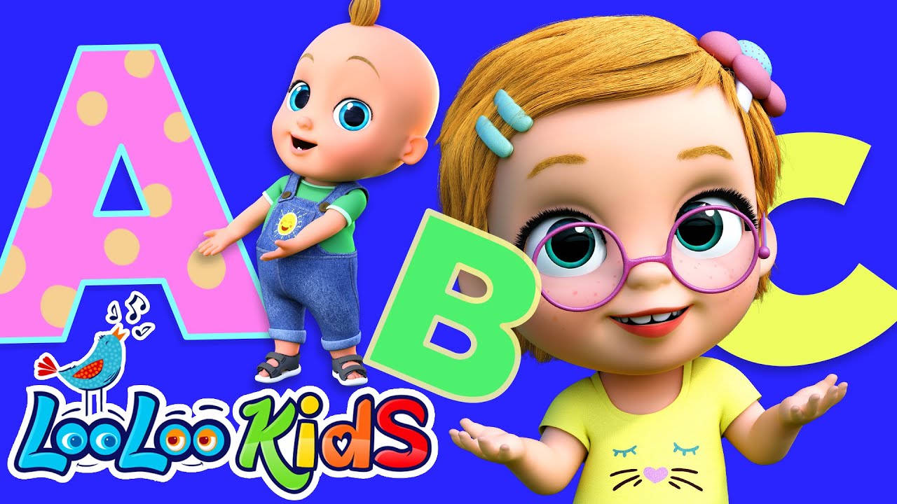 兩個大眼睛的動畫小孩站在色彩繽紛的大字母A和B旁邊。
