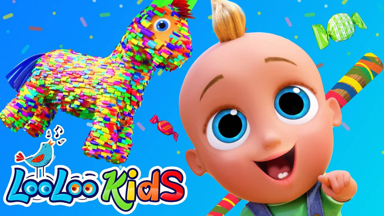Looloo Kids約翰尼與彩繪派對 壁紙 — 一個快樂的卡通嬰兒，有著大大的藍眼睛，在明亮的藍色背景上，旁邊是一個色彩繽紛的塊狀皮納塔，周圍有糖果和五彩紙屑。