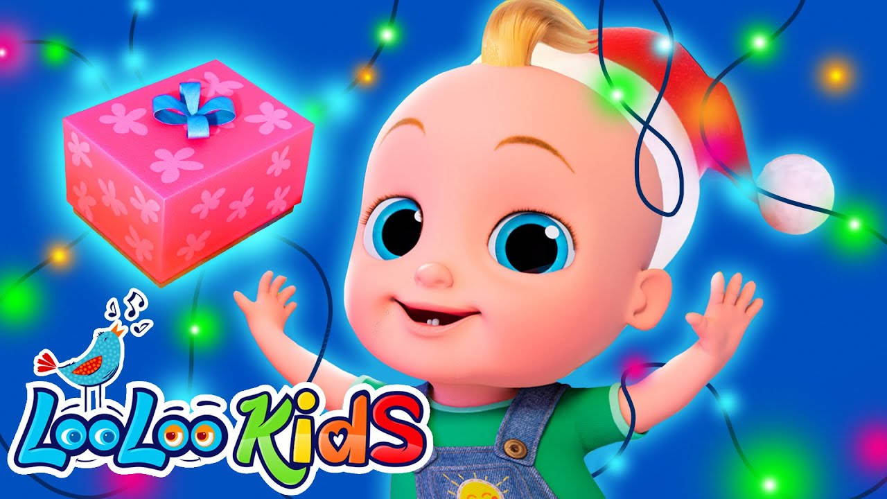 Looloo Kids聖誕燈光 壁紙 — 一個戴著聖誕帽的可愛卡通嬰兒，在色彩繽紛的燈飾中，於充滿活力的藍色背景前，高興地伸手去拿一個粉紅色的禮物盒。