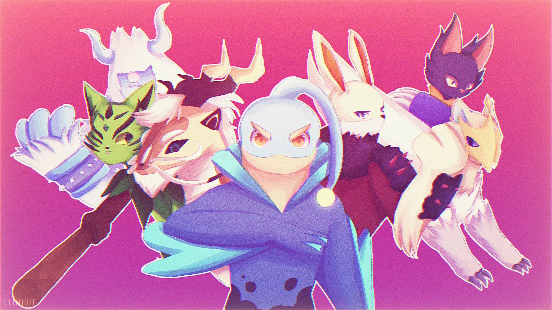 一群動畫風格的擬人化動物，擁有色彩繽紛的毛髮和面具，一起擺姿勢。