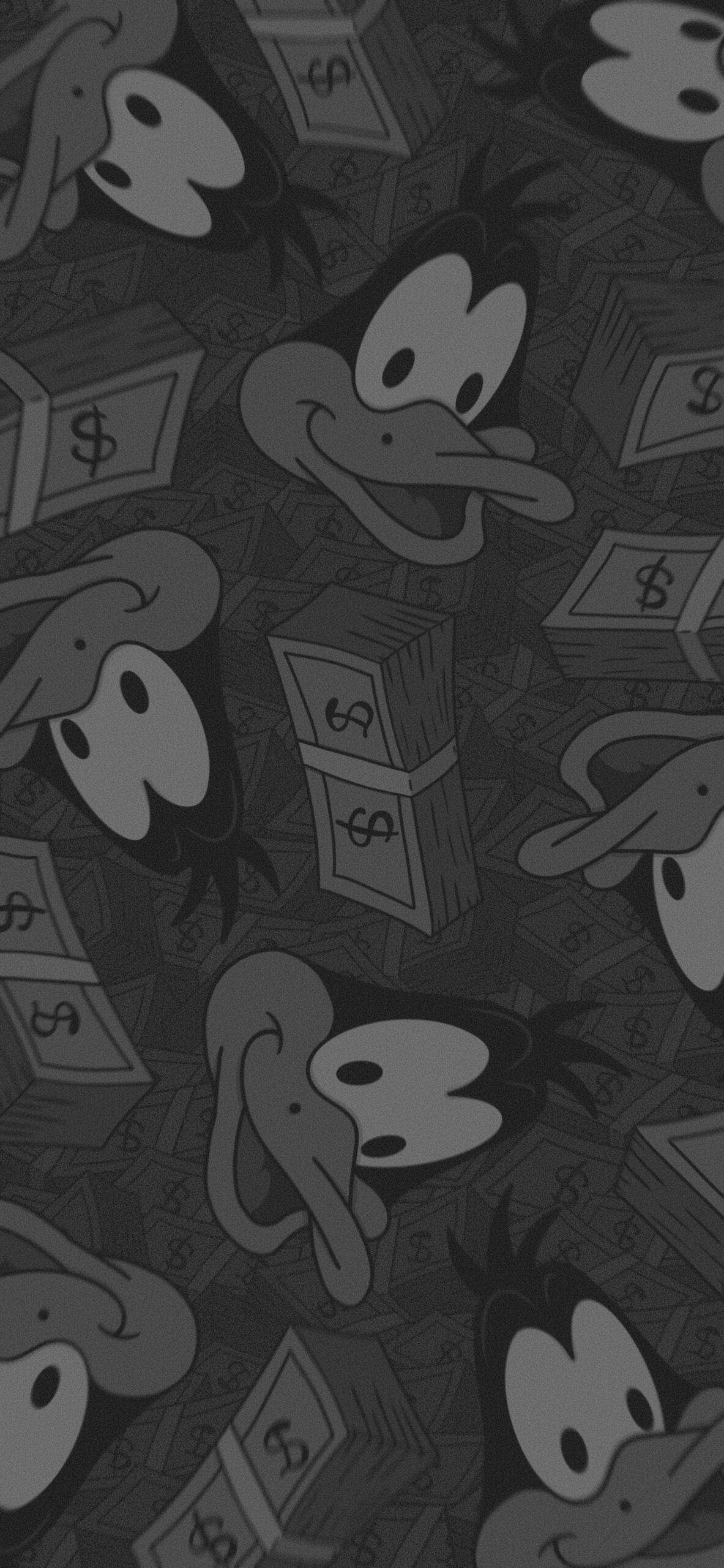 Looney Tunes達菲鴨圖案 壁紙 — 單色牆紙，重複的卡通鴨臉和一堆堆美元鈔票，形成密集圖案。