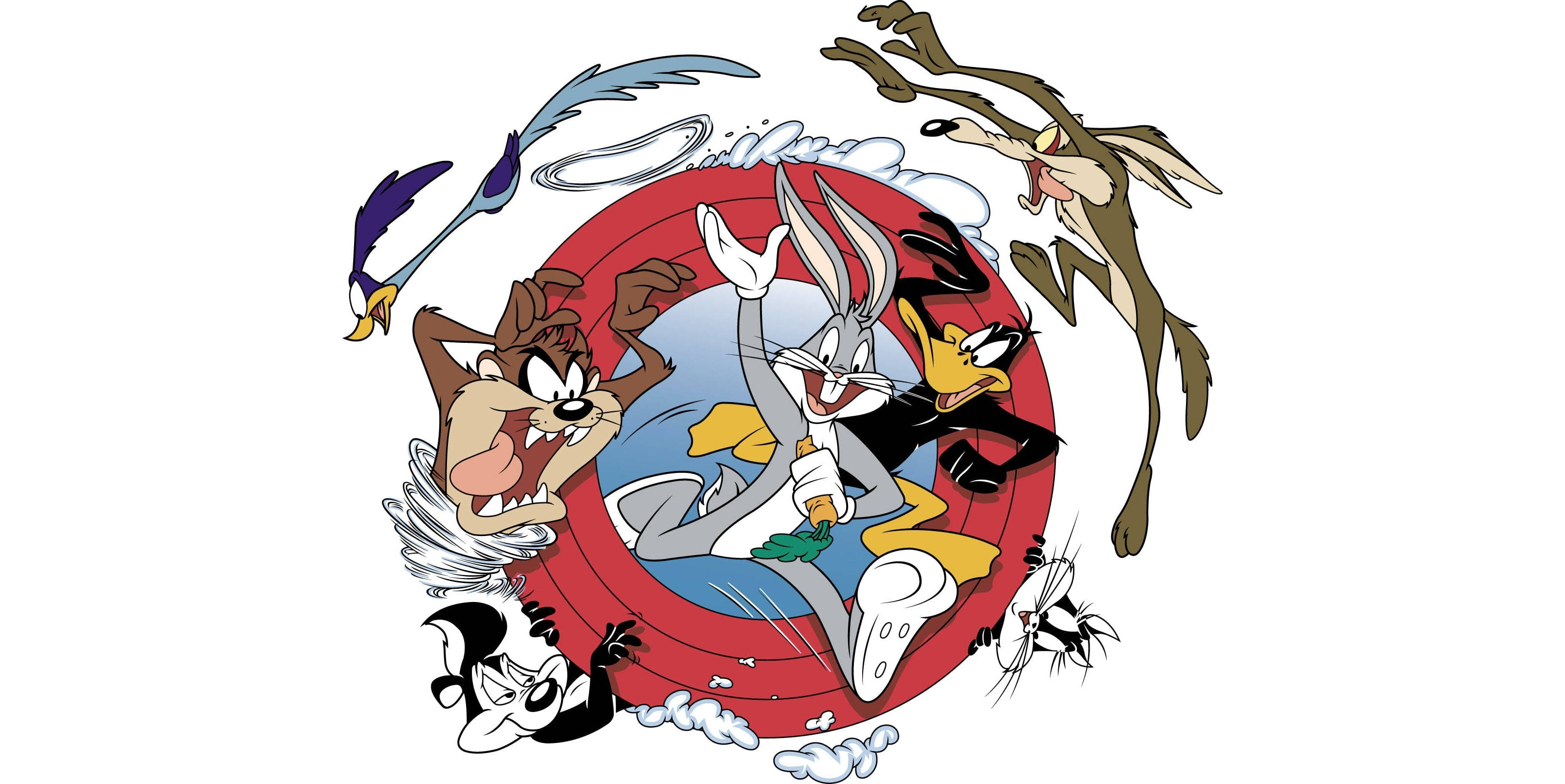 《Looney Tunes》卡通頻道角色 壁紙 — 經典 Looney Tunes 角色如賓尼兔和達菲鴨被捲入混亂的動作旋風中。