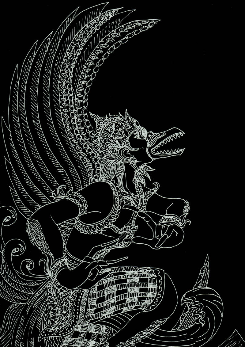 風格化的白色線條繪畫，描繪神話中的迦樓羅，帶有複雜的翅膀和兇猛的表情，背景為黑色。
