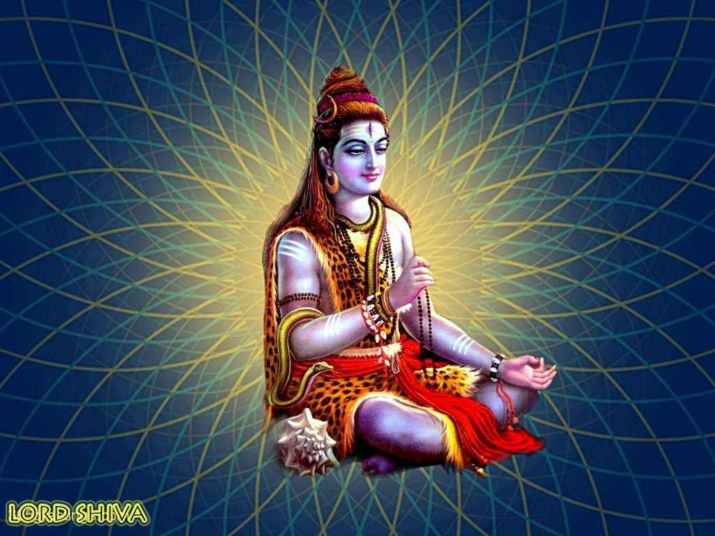 shiv shankar HD 桌布 壁紙 — Lord Shiva 在發光的幾何藍色和金色背景前以蓮花坐姿寧靜冥想。