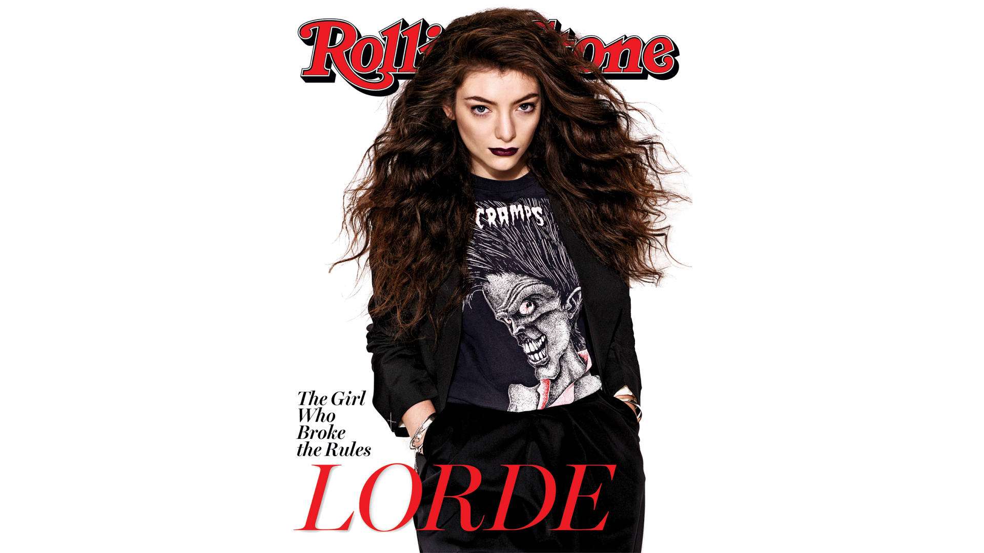 Lorde 在Rolling Stone雜誌封面上穿著Cramps T恤和黑色外套。