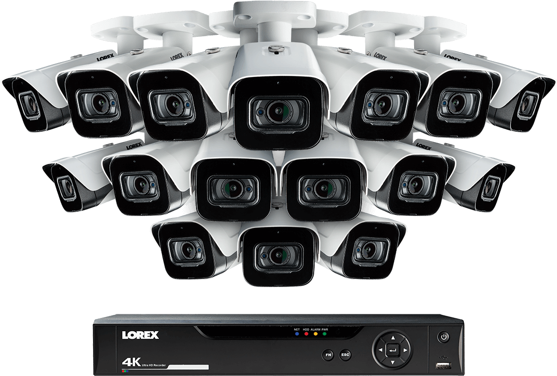 Lorex4K安全監控系統 壁紙 — 一排白色Lorex安全攝影機以扇形排列在黑色4K DVR裝置上方，背景為純黑色。